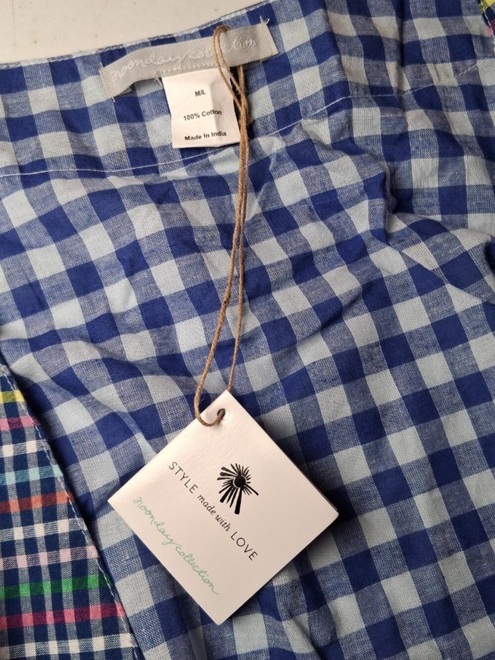 Noonday Collection Robe M/L Scrunchie Blue Gingham Check Lightweight Lounge - Picture 7 of 16
